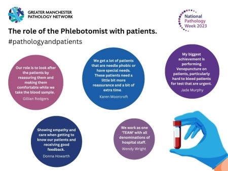 Image shows quotes from phlebotomists in blue, pink and purple circles.